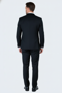 Men's Black and White Silver Embellished Tuxedo Suit + Bowtie 3-Piece Formal Wedding, Prom, and Gala Outfit