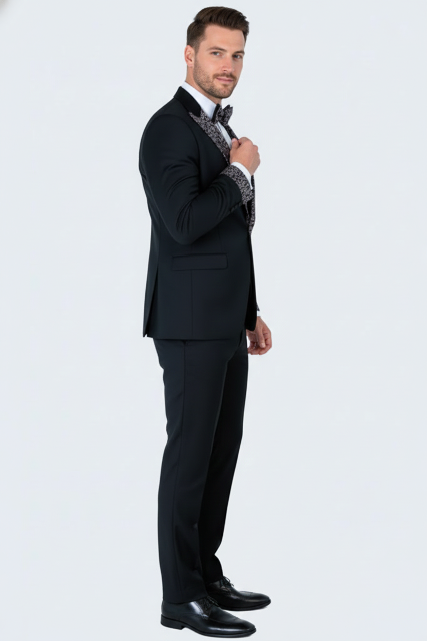 Men's Black and White Silver Embellished Tuxedo Suit + Bowtie 3-Piece Formal Wedding, Prom, and Gala Outfit - Image 5