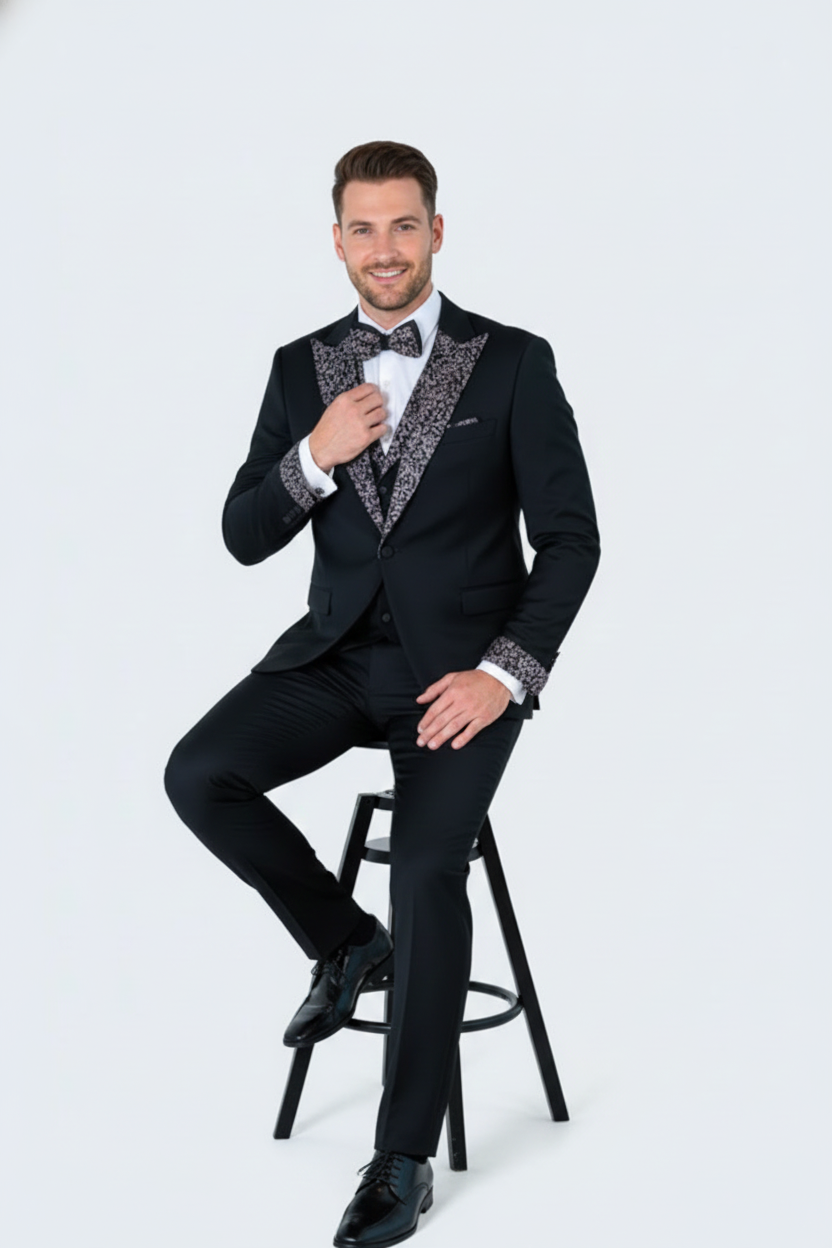 Men's Black and White Silver Embellished Tuxedo Suit + Bowtie 3-Piece Formal Wedding, Prom, and Gala Outfit - Image 6