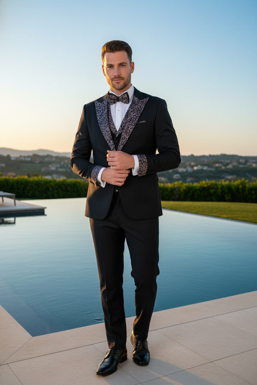 Men's Black and White Silver Embellished Tuxedo Suit + Bowtie 3-Piece Formal Wedding, Prom, and Gala Outfit - Image 7