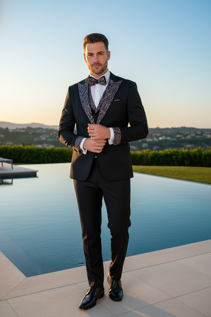 Men's Black and White Silver Embellished Tuxedo Suit + Bowtie 3-Piece Formal Wedding, Prom, and Gala Outfit - Image 7