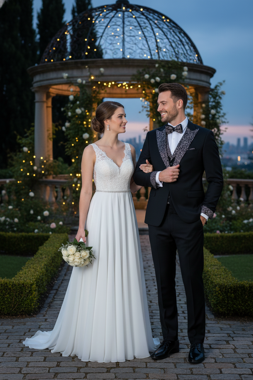 Men's Black and White Silver Embellished Tuxedo Suit + Bowtie 3-Piece Formal Wedding, Prom, and Gala Outfit - Image 3