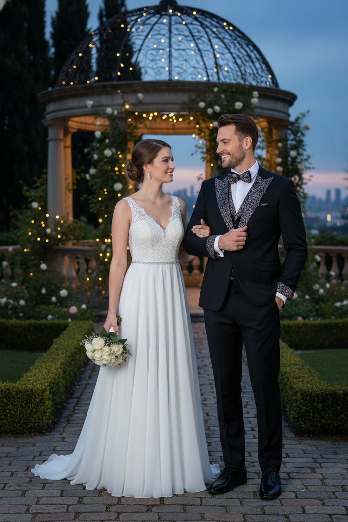 Men's Black and White Silver Embellished Tuxedo Suit + Bowtie 3-Piece Formal Wedding, Prom, and Gala Outfit - Image 3