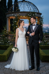 Men's Black and White Silver Embellished Tuxedo Suit + Bowtie 3-Piece Formal Wedding, Prom, and Gala Outfit