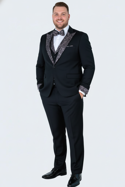 Men's Black and White Silver Embellished Tuxedo Suit + Bowtie 3-Piece Formal Wedding, Prom, and Gala Outfit - Image 2