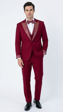Men's Burgundy and White Embellished Tuxedo Suit – Slim Fit 3-Piece Formal Wedding, Prom, and Gala Outfit