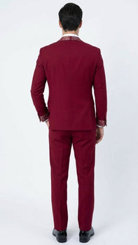 Men's Burgundy and White Embellished Tuxedo Suit – Slim Fit 3-Piece Formal Wedding, Prom, and Gala Outfit - Image 4