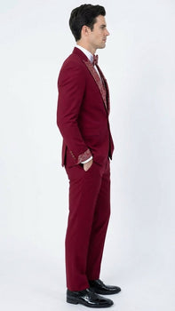 Men's Burgundy and White Embellished Tuxedo Suit – Slim Fit 3-Piece Formal Wedding, Prom, and Gala Outfit - Image 5