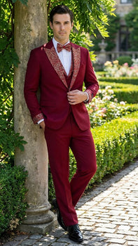 Men's Burgundy and White Embellished Tuxedo Suit – Slim Fit 3-Piece Formal Wedding, Prom, and Gala Outfit - Image 6