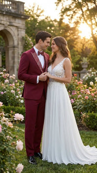 Men's Burgundy and White Embellished Tuxedo Suit – Slim Fit 3-Piece Formal Wedding, Prom, and Gala Outfit - Image 3