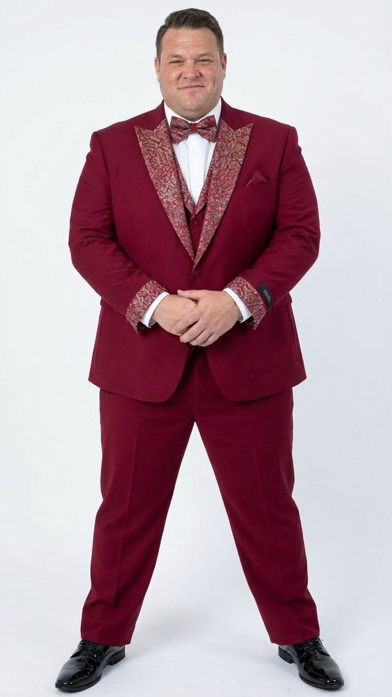 Men's Burgundy and White Embellished Tuxedo Suit – Slim Fit 3-Piece Formal Wedding, Prom, and Gala Outfit - Image 2