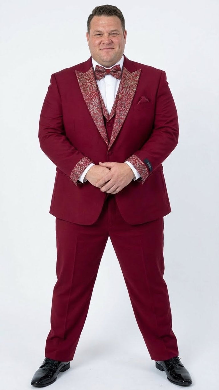 Men's Burgundy and White Embellished Tuxedo Suit – Slim Fit 3-Piece Formal Wedding, Prom, and Gala Outfit - Image 2