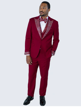 Men's Burgundy and White Embellished Tuxedo Suit – Slim Fit 3-Piece Formal Wedding, Prom, and Gala Outfit - Image 7