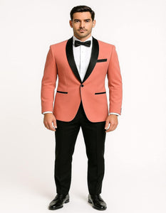 Men’s Coral Pink Tuxedo Jacket with Black Satin Shawl Lapel Velvet Fabric – Modern Slim Fit Formal Blazer