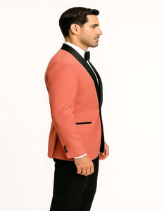 Men’s Coral Pink Tuxedo Jacket with Black Satin Shawl Lapel Velvet Fabric – Modern Slim Fit Formal Blazer