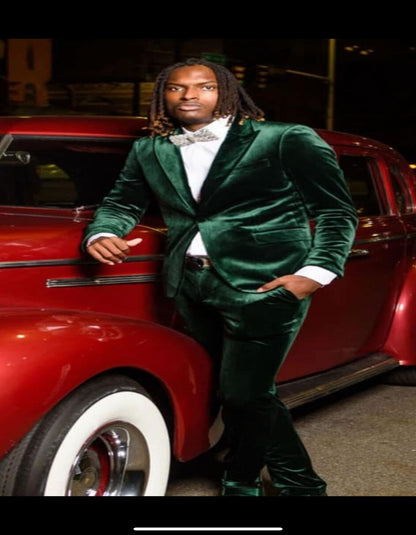 Men’s Emerald Green Velvet Suit – Slim Fit Tuxedo for Weddings, Prom, and Red Carpet Events