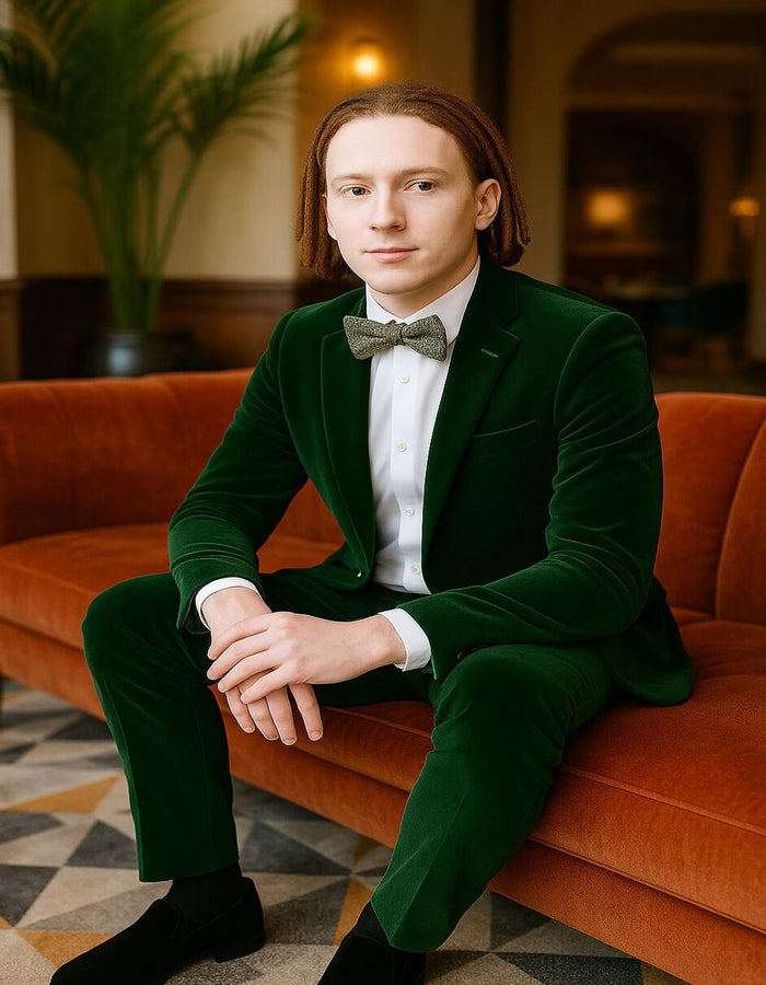 Men’s Emerald Green Velvet Suit – Slim Fit Tuxedo for Weddings, Prom, and Red Carpet Events