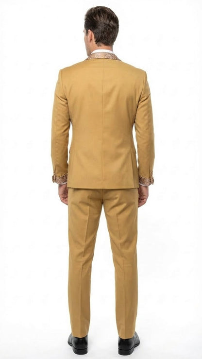 Men's Gold Embellished Tuxedo Suit + Bowtie – Slim Fit Jacket, Vest and Tailored Pants - Image 4