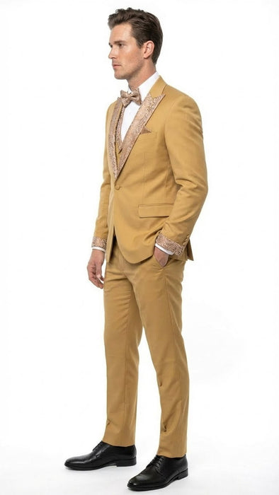 Men's Gold Embellished Tuxedo Suit + Bowtie – Slim Fit Jacket, Vest and Tailored Pants
