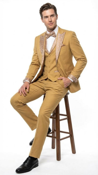 Men's Gold Embellished Tuxedo Suit + Bowtie – Slim Fit Jacket, Vest and Tailored Pants - Image 6