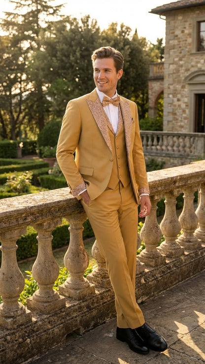 Men's Gold Embellished Tuxedo Suit + Bowtie – Slim Fit Jacket, Vest and Tailored Pants - Image 5
