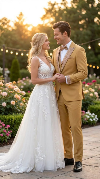 Men's Gold Embellished Tuxedo Suit + Bowtie – Slim Fit Jacket, Vest and Tailored Pants - Image 3