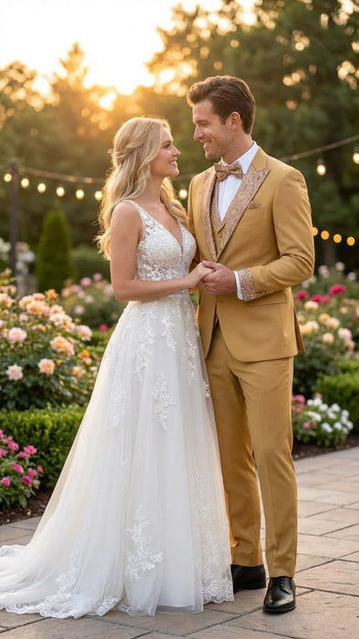 Men's Gold Embellished Tuxedo Suit + Bowtie – Slim Fit Jacket, Vest and Tailored Pants