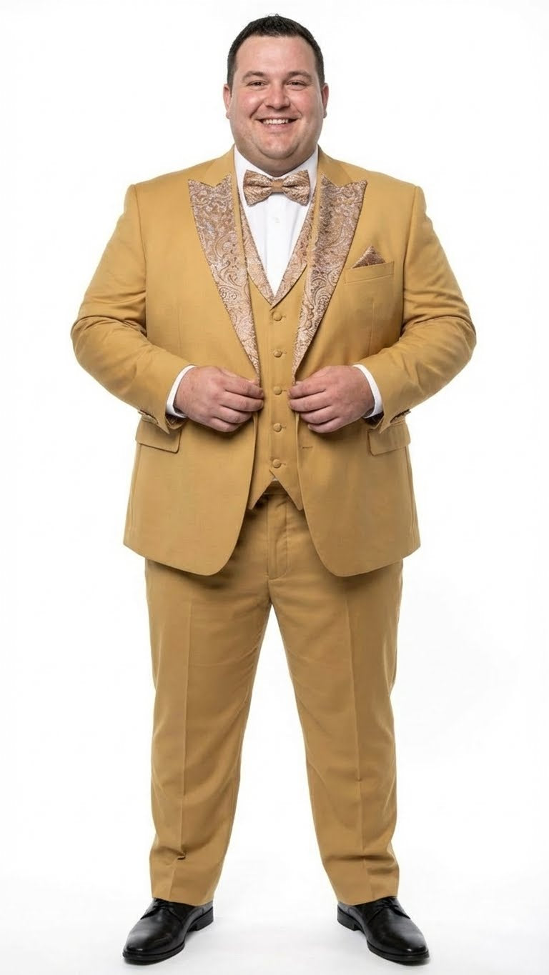 Men's Gold Embellished Tuxedo Suit + Bowtie – Slim Fit Jacket, Vest and Tailored Pants - Image 2