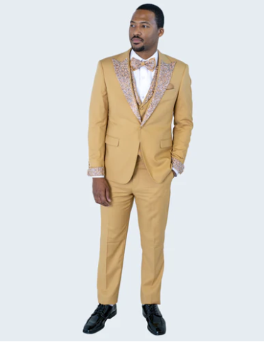Men's Gold Embellished Tuxedo Suit + Bowtie – Slim Fit Jacket, Vest and Tailored Pants - Image 8