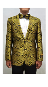 Men's Gold & Black Peak Lapel Paisley Pattern Prom Blazer