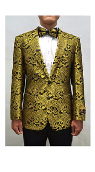 Men's Gold & Black Peak Lapel Paisley Pattern Prom Blazer