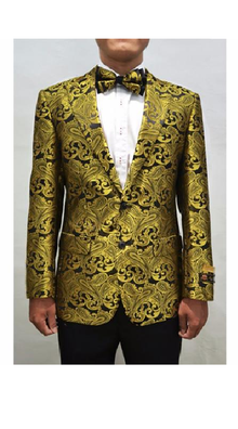 Men's Gold & Black Peak Lapel Paisley Pattern Prom Blazer