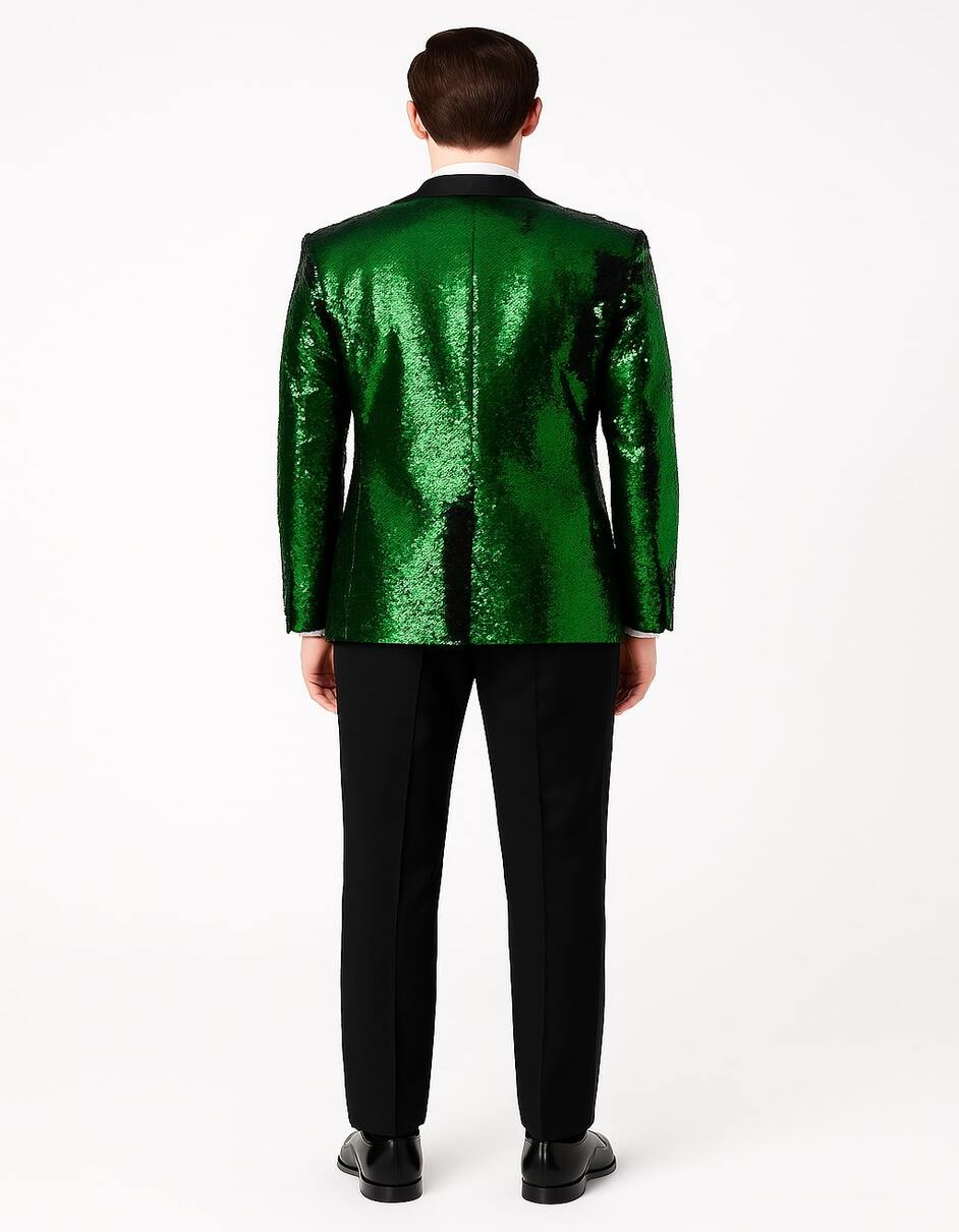 Men's Green Sequin Tuxedo Jacket with Black Satin Lapel and Bow Tie – Sparkling Party and Stage Blazer By Alberto Nardoni - Image 4