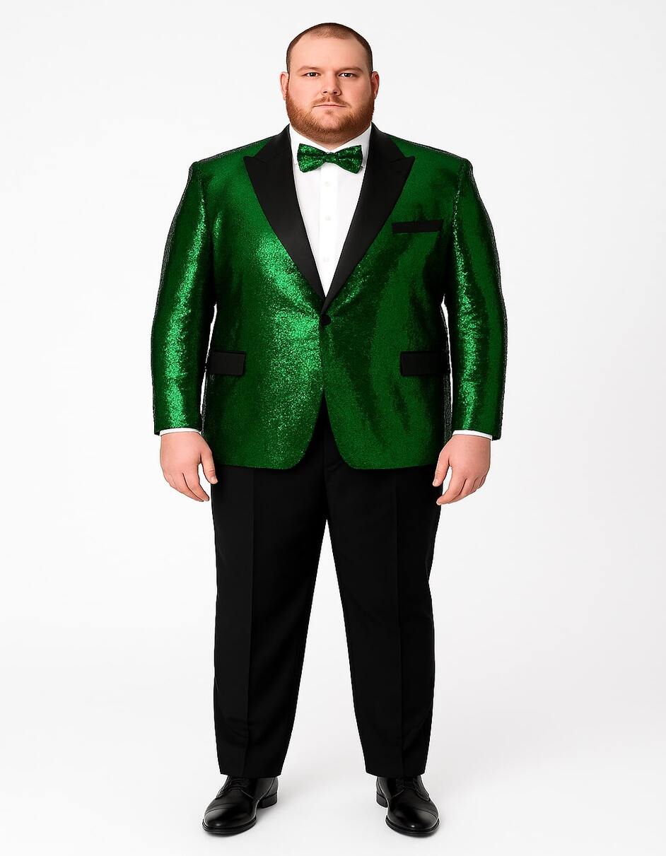 Men's Green Sequin Tuxedo Jacket with Black Satin Lapel and Bow Tie – Sparkling Party and Stage Blazer By Alberto Nardoni - Image 2