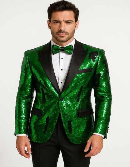 Men's Green Sequin Tuxedo Jacket with Black Satin Lapel and Bow Tie – Sparkling Party and Stage Blazer By Alberto Nardoni - Image 3