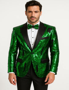 Men's Green Sequin Tuxedo Jacket with Black Satin Lapel and Bow Tie – Sparkling Party and Stage Blazer By Alberto Nardoni
