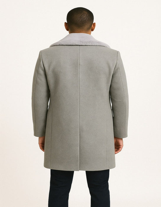 Men’s Grey Wool Overcoat with Plush Faux Fur Shawl Collar – Winter Luxury Coat