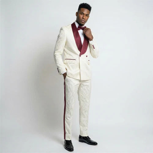 Men's Ivory and Burgundy Paisley Tuxedo with Shawl Lapel – 3 Piece Wedding Suit