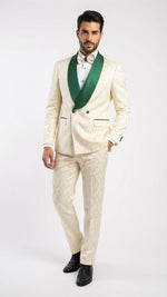 Men's Ivory and Emerald Green Jacquard Tuxedo Suit + Bowtie – 3-Piece Formal Wedding, Prom, and Gala Outfit
