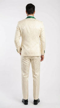 Men's Ivory and Emerald Green Jacquard Tuxedo Suit + Bowtie – 3-Piece Formal Wedding, Prom, and Gala Outfit - Image 5