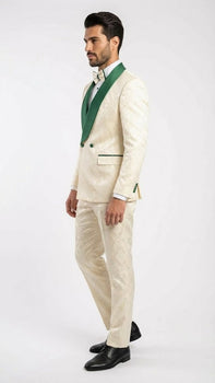 Men's Ivory and Emerald Green Jacquard Tuxedo Suit + Bowtie – 3-Piece Formal Wedding, Prom, and Gala Outfit - Image 6