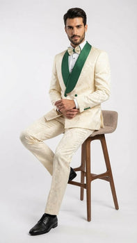 Men's Ivory and Emerald Green Jacquard Tuxedo Suit + Bowtie – 3-Piece Formal Wedding, Prom, and Gala Outfit - Image 7