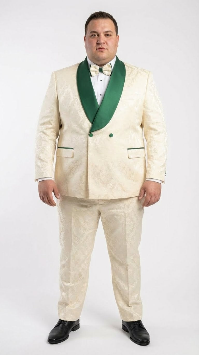 Men's Ivory and Emerald Green Jacquard Tuxedo Suit + Bowtie – 3-Piece Formal Wedding, Prom, and Gala Outfit - Image 2
