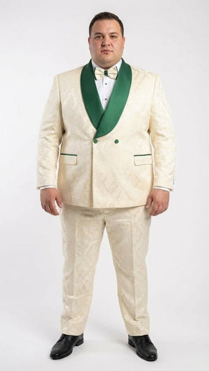 Men's Ivory and Emerald Green Jacquard Tuxedo Suit + Bowtie – 3-Piece Formal Wedding, Prom, and Gala Outfit - Image 2