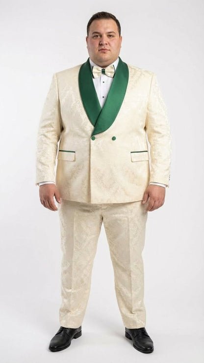 Men's Ivory and Emerald Green Jacquard Tuxedo Suit + Bowtie – 3-Piece Formal Wedding, Prom, and Gala Outfit - Image 2