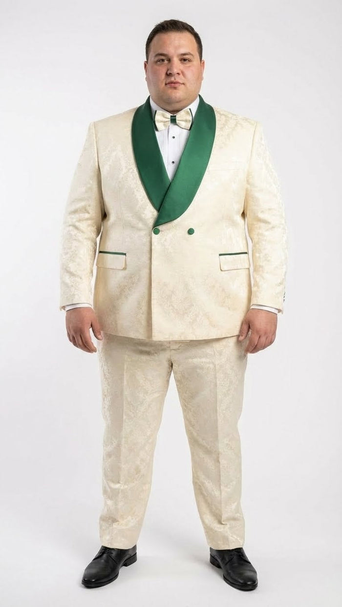 Men's Ivory and Emerald Green Jacquard Tuxedo Suit + Bowtie – 3-Piece Formal Wedding, Prom, and Gala Outfit - Image 2
