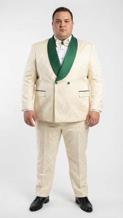 Men's Ivory and Emerald Green Jacquard Tuxedo Suit + Bowtie – 3-Piece Formal Wedding, Prom, and Gala Outfit