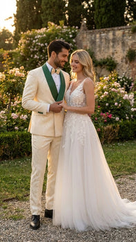 Men's Ivory and Emerald Green Jacquard Tuxedo Suit + Bowtie – 3-Piece Formal Wedding, Prom, and Gala Outfit - Image 3