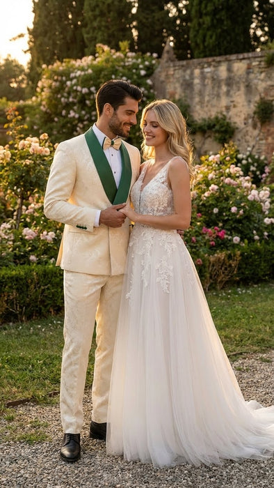 Men's Ivory and Emerald Green Jacquard Tuxedo Suit + Bowtie – 3-Piece Formal Wedding, Prom, and Gala Outfit