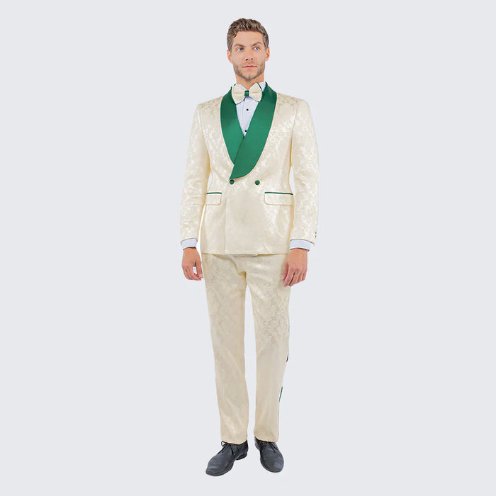 Men's Ivory and Emerald Green Jacquard Tuxedo Suit + Bowtie – 3-Piece Formal Wedding, Prom, and Gala Outfit - Image 4